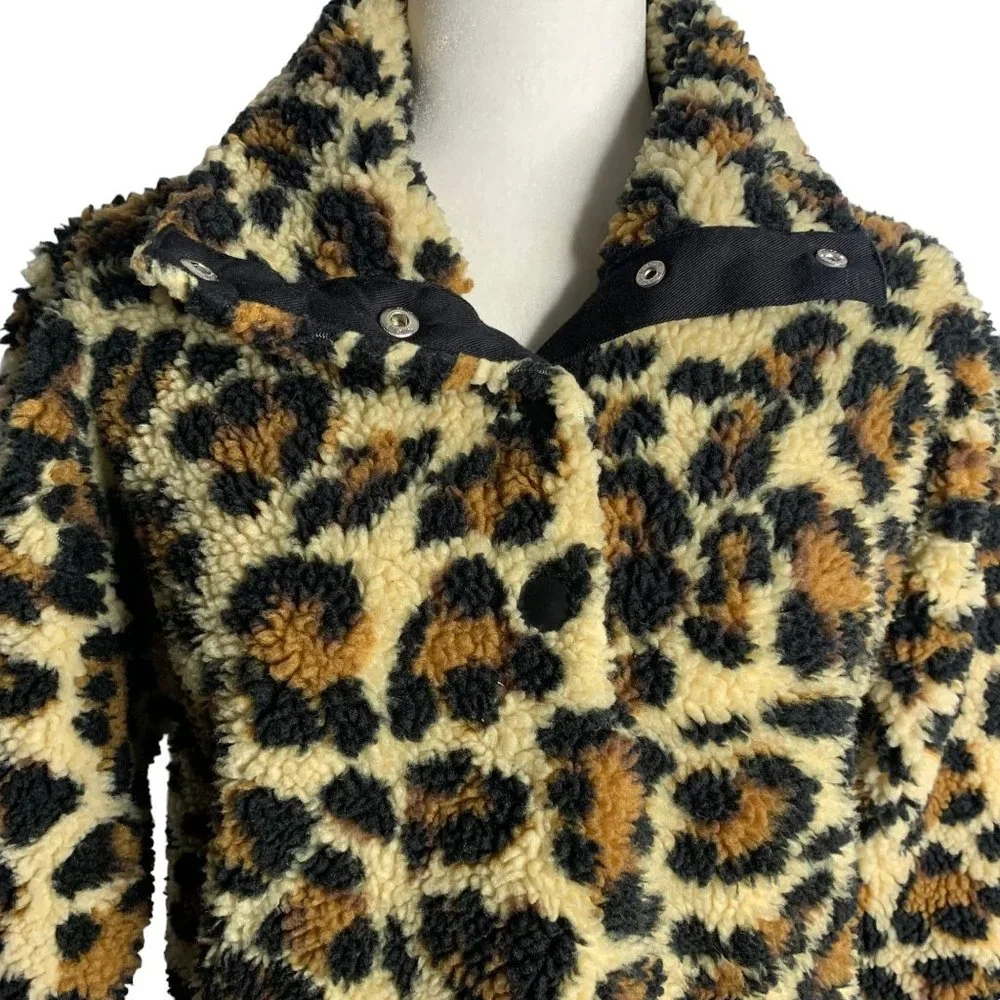 J Crew Vintage Heavy Fleece Sweatshirt XS Leopard Print Snap Collar Flap Pockets - Picture 2 of 6